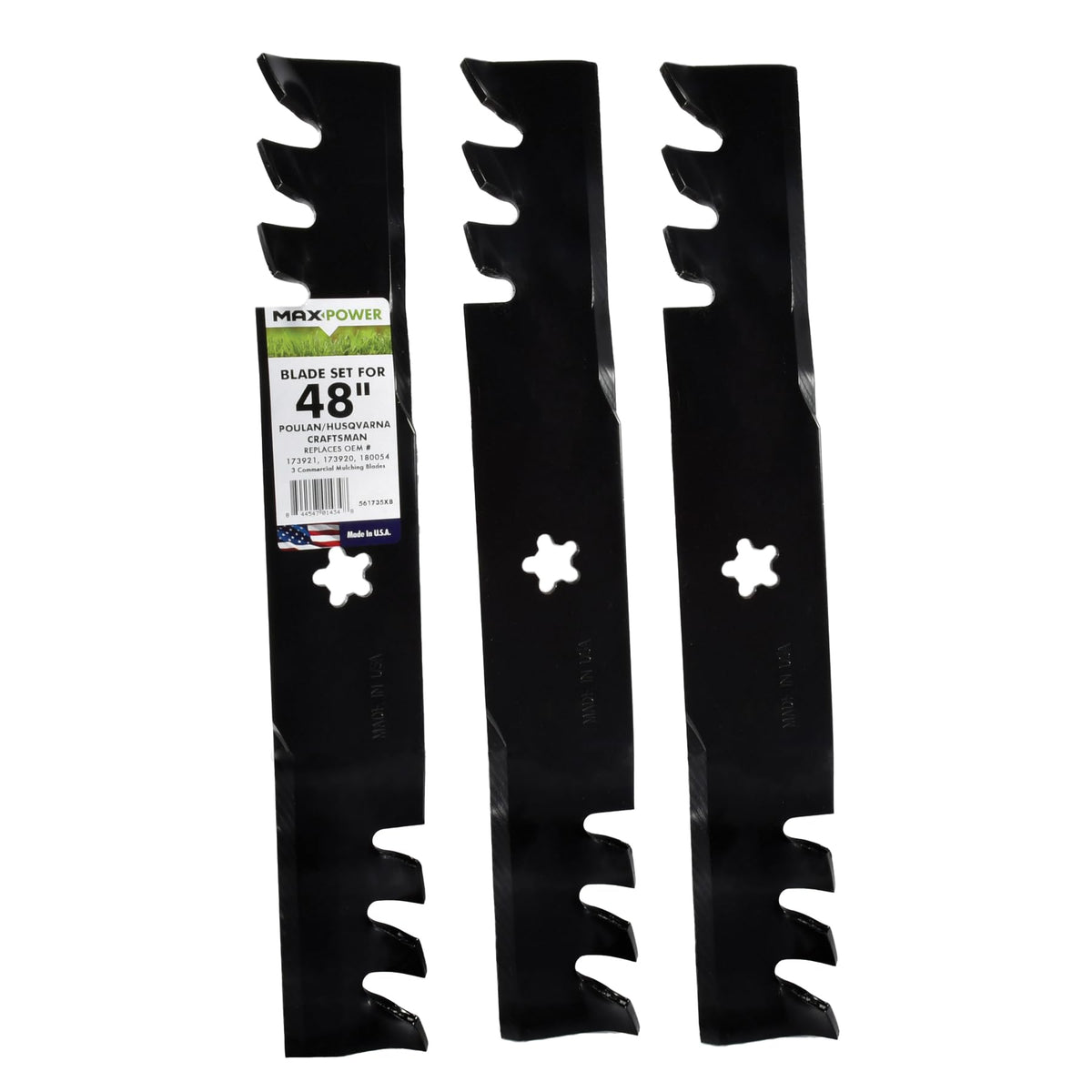 MaxPower 561735XB three-blade mulching set packaging for 48-inch mowers.