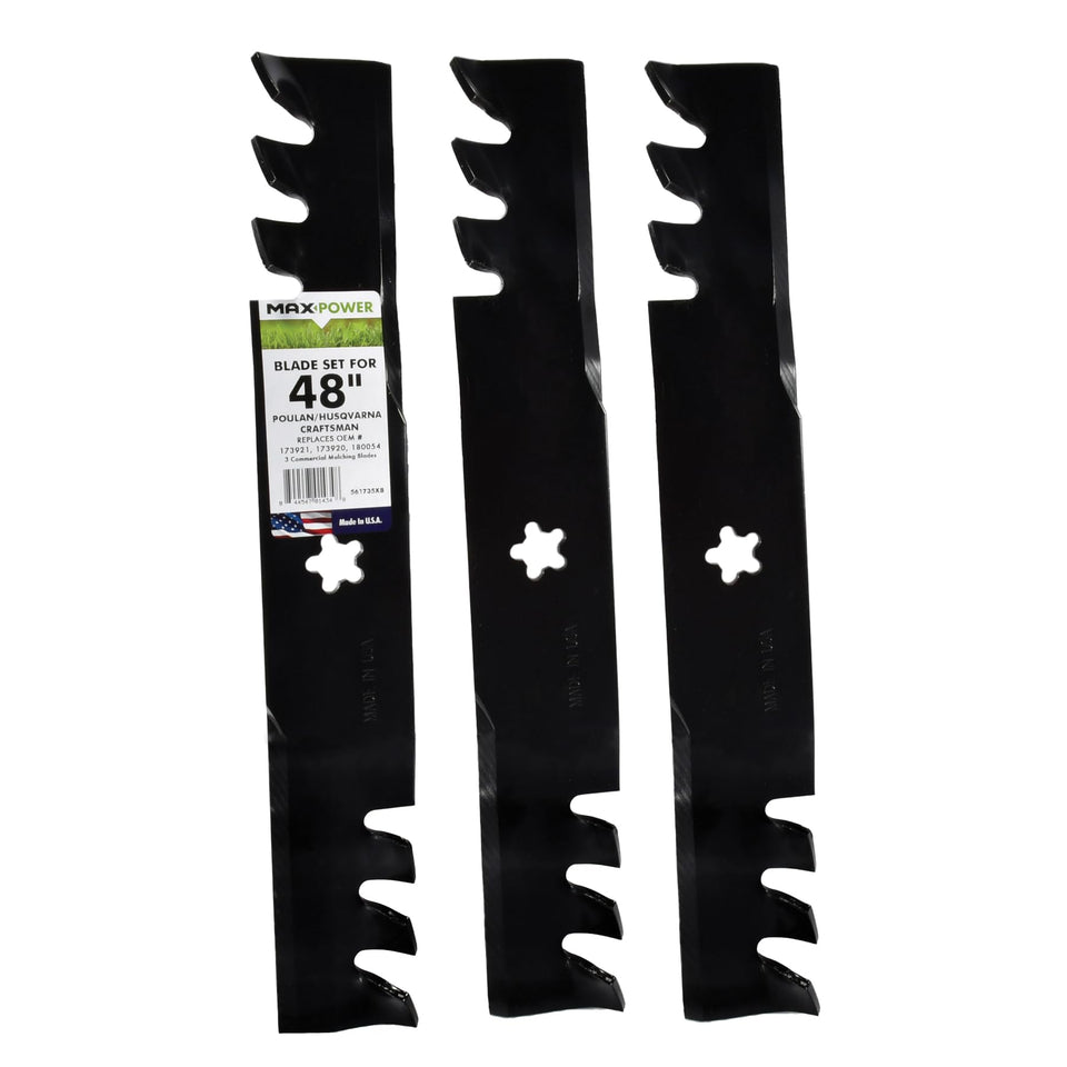 MaxPower 561735XB three-blade mulching set packaging for 48-inch mowers.