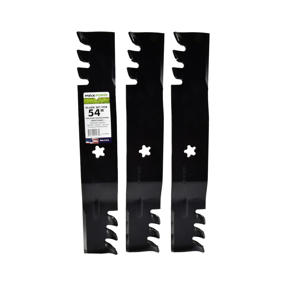 MaxPower 561738XB three-blade mulching set for 54-inch mower assembly improves mulching coverage