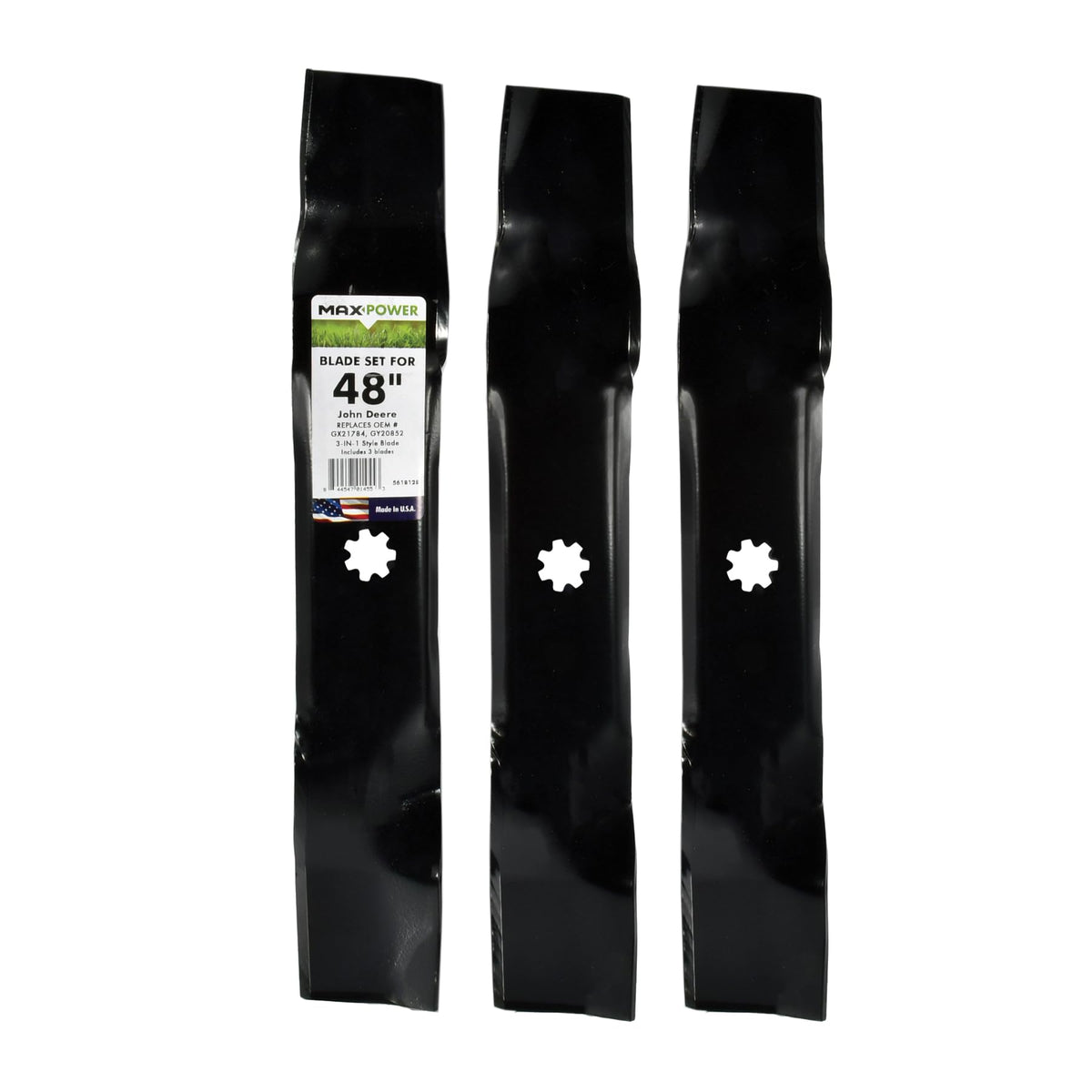 MaxPower 561812B pack of three blades for 48-inch John Deere mowers, ready for crisp cuts.