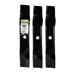 MaxPower 561812B pack of three blades for 48-inch John Deere mowers, ready for crisp cuts.