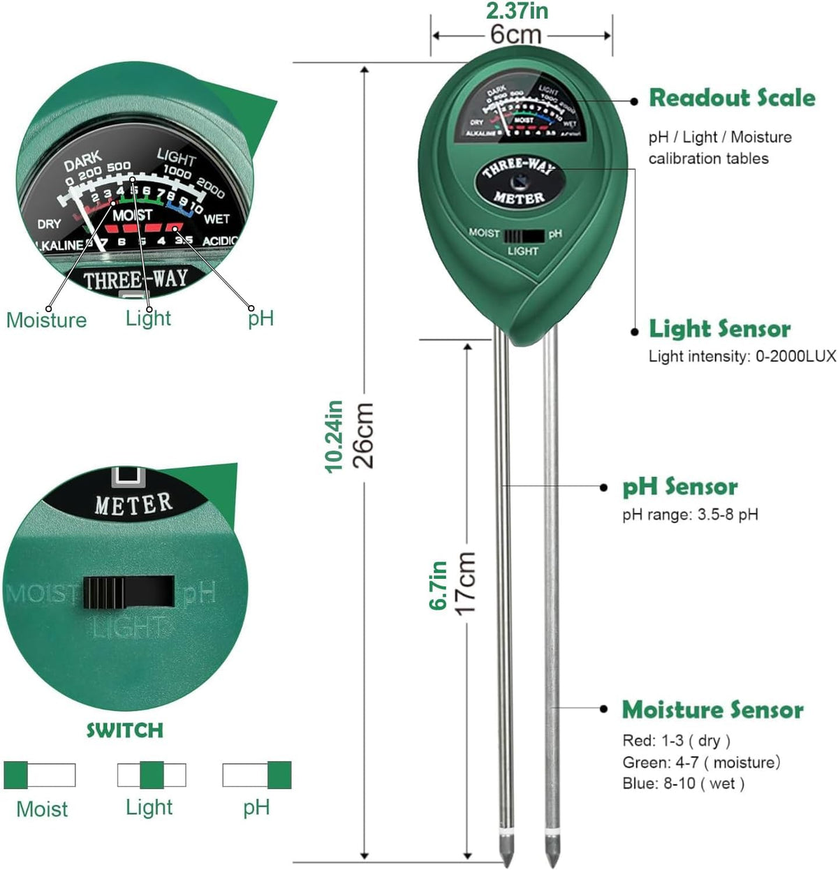 Maxsolve 3-in-1 moisture meter in soil reads moisture and light quickly