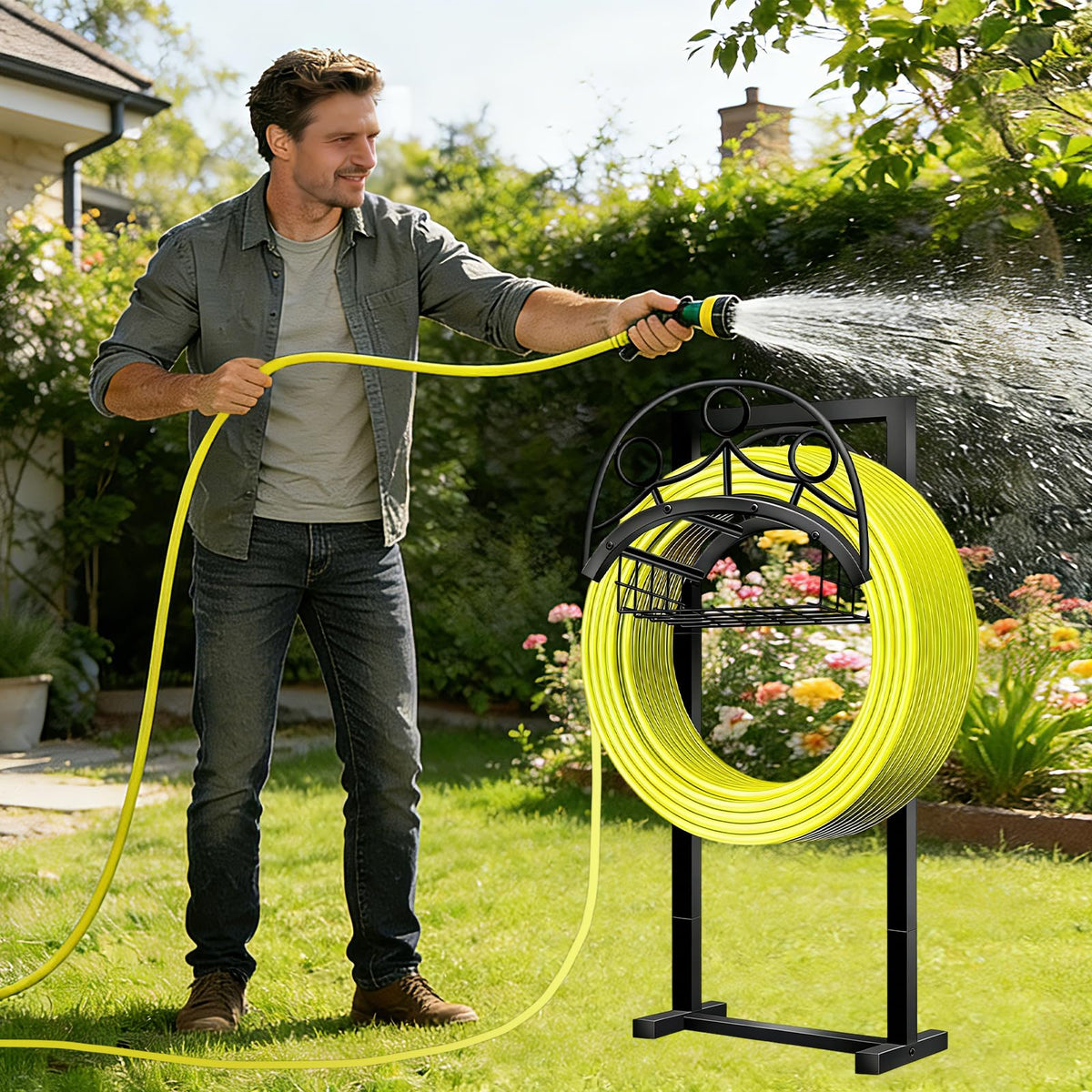 Weather resistant MAXZONE steel hose stand resists rust and sun while remaining stable