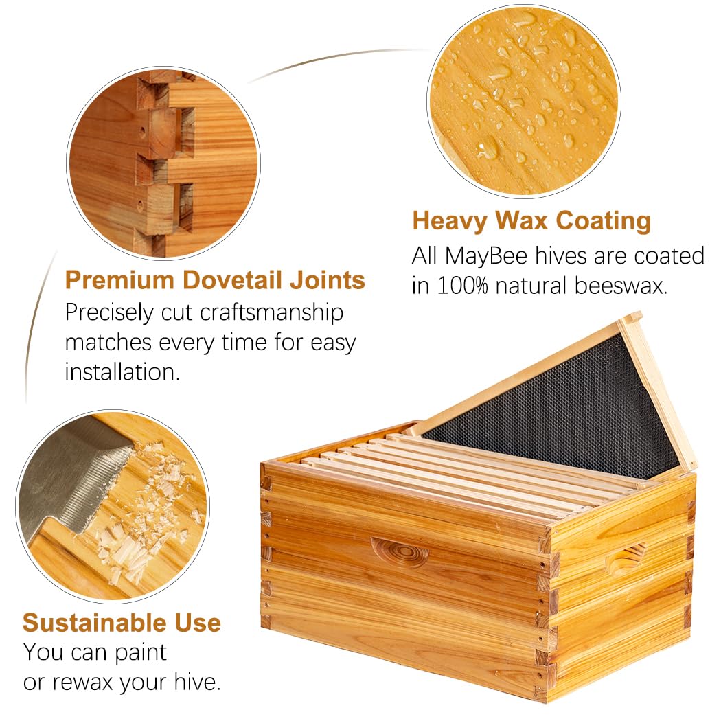 Close-up of MayBee beehive box showing thick beeswax coating for protection