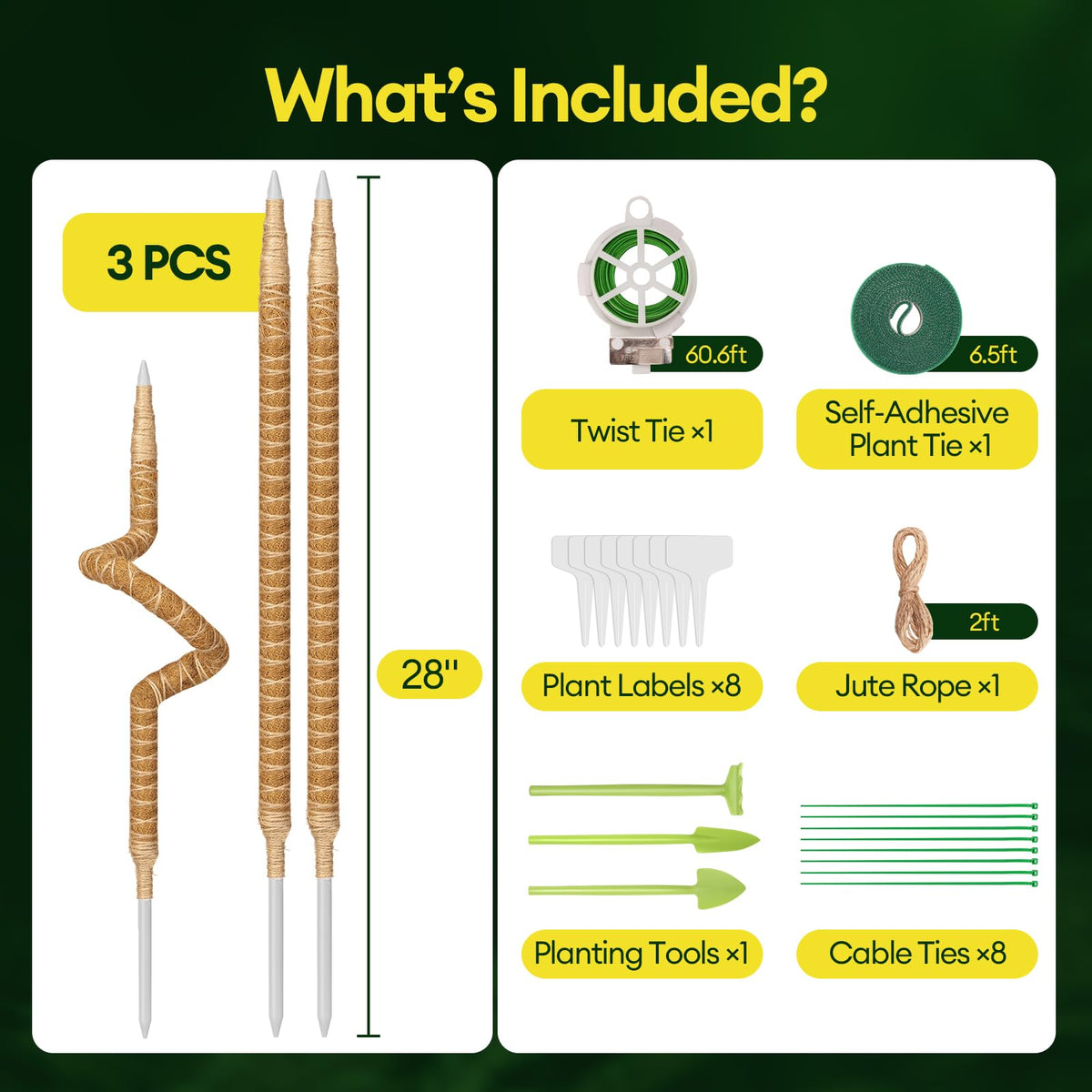 Maygrove moss pole 3-pack with tools for easy setup.