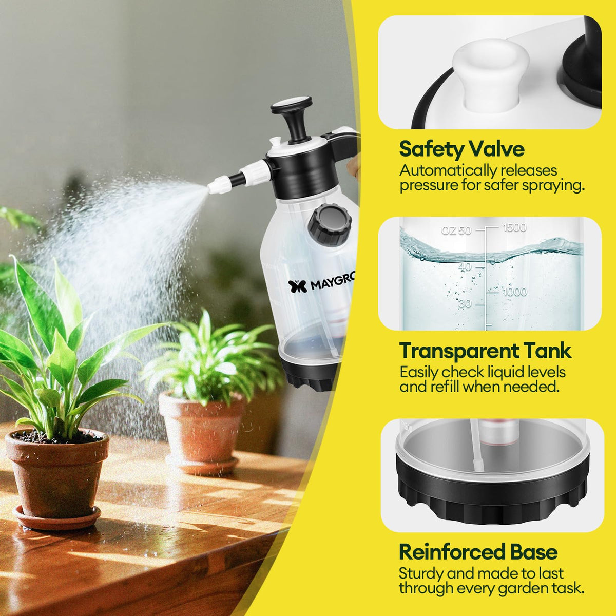 Maygrove sprayer adjustable nozzle for mist to stream spray.