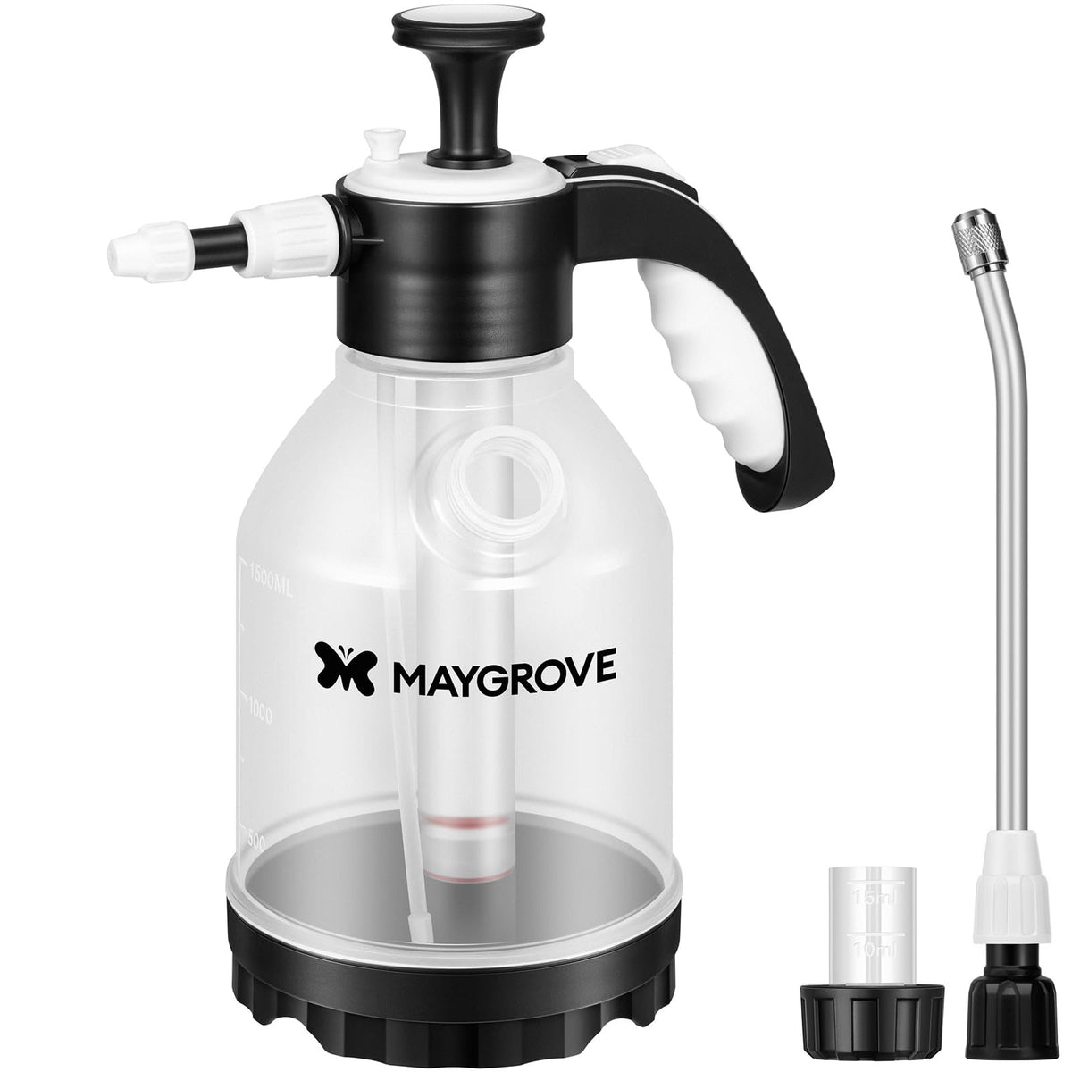 Maygrove pump sprayer with clear tank for quick liquid level checks.