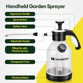 Maygrove sprayer measuring cup assists precise refilling.
