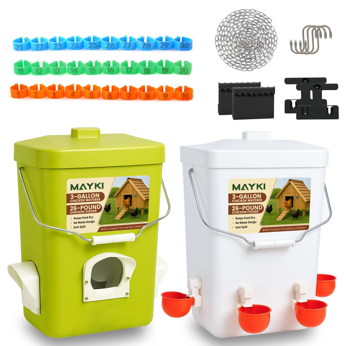 MAYKI chicken feeder and waterer set in coop for convenient all-in-one poultry care