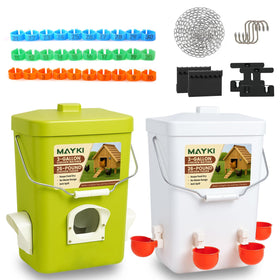 MAYKI chicken feeder and waterer set in coop for convenient all-in-one poultry care