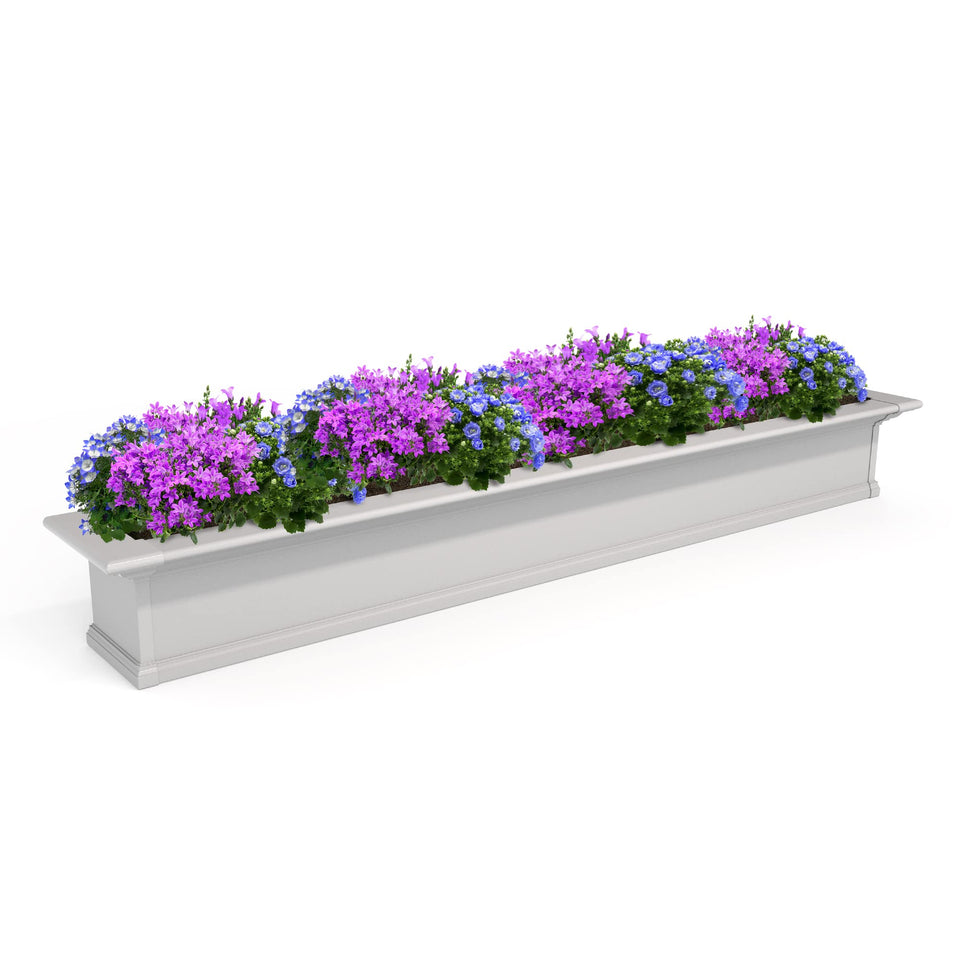 Mayne Yorkshire window box front view in white shows durable vinyl and low-maintenance appeal.