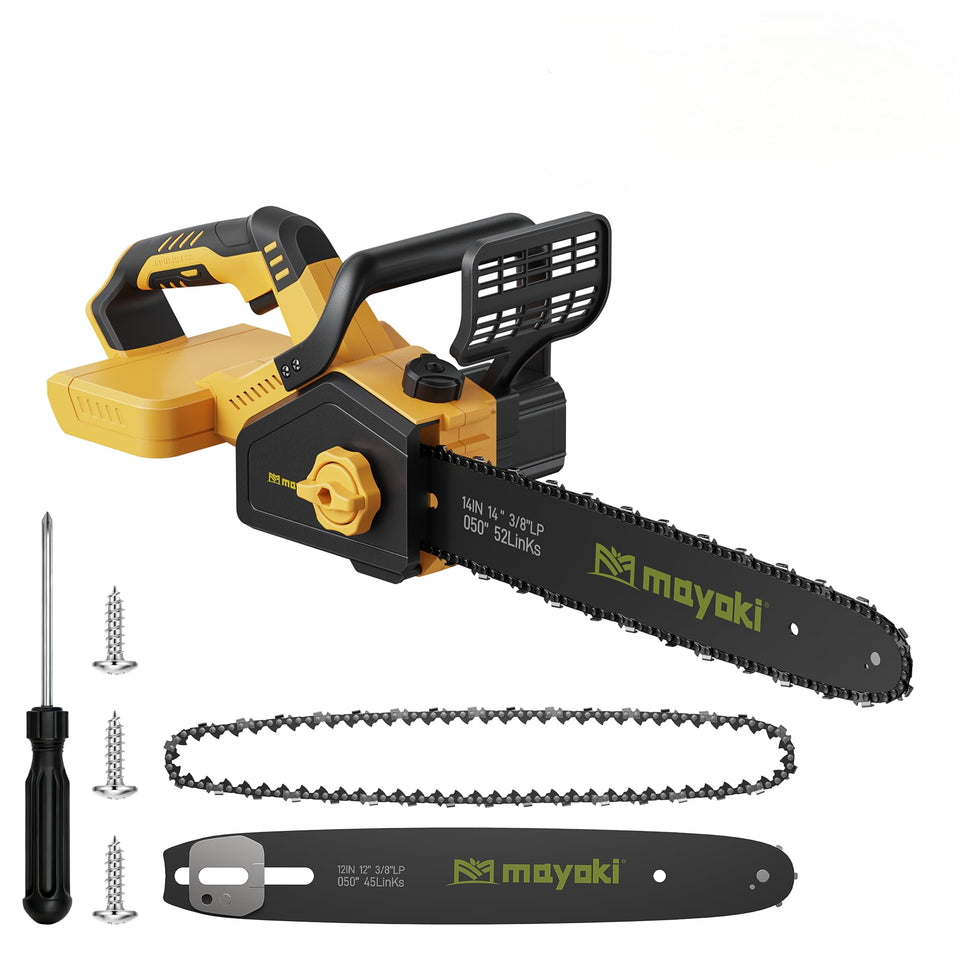 Mayoki cordless 40V chainsaw cuts wood with a smooth, clean slice
