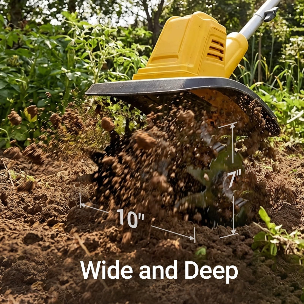 Mayoki tiller demonstrates seven-inch depth for thorough soil cultivation in raised beds.
