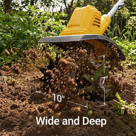 Mayoki tiller demonstrates seven-inch depth for thorough soil cultivation in raised beds.