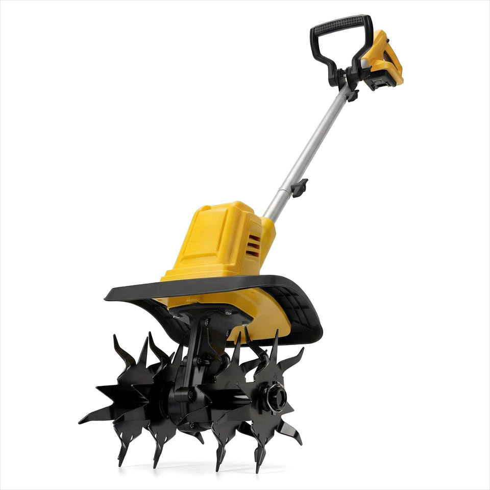 Mayoki cordless brushless tiller with a ten-inch path for faster garden bed prep.