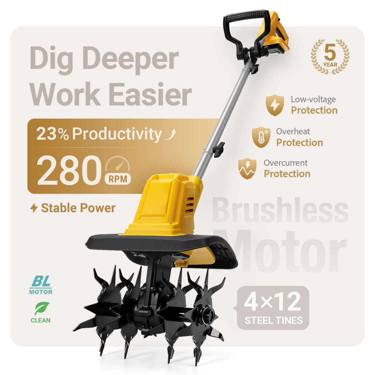Mayoki 48-tine design boosts soil break-up and aeration across beds.