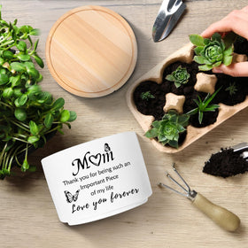 MBRUH wood saucer and ceramic pot demonstrating drainage protection.