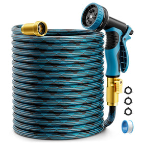 Mbtrong garden hose 75ft coiled for easy storage and quick watering.