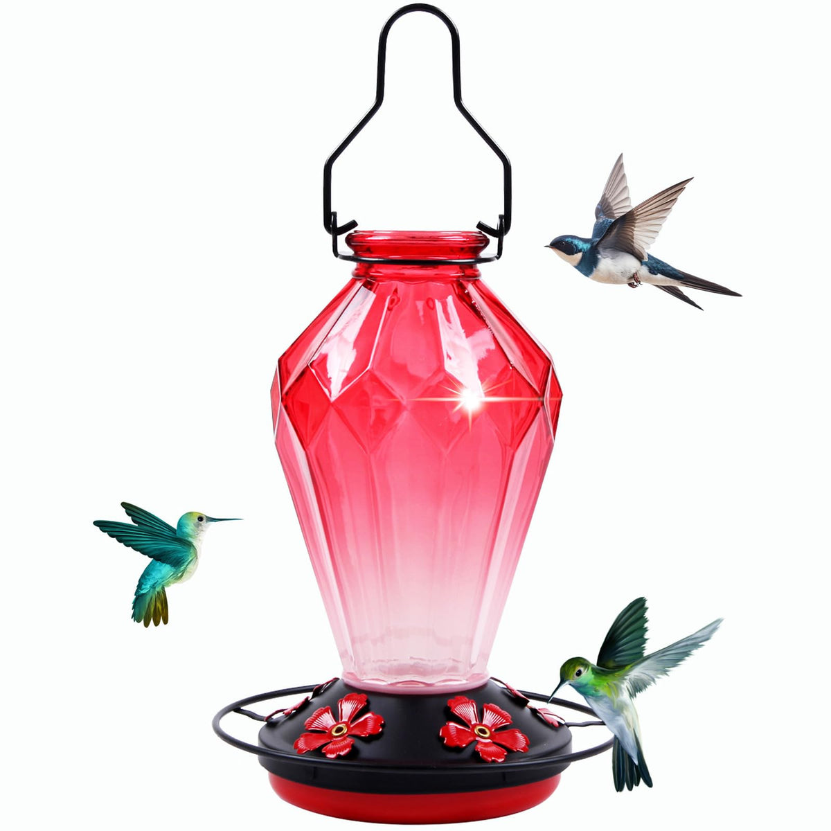MCHBF diamond red glass hummingbird feeder hanging outdoors attracts hummingbirds with shimmering light