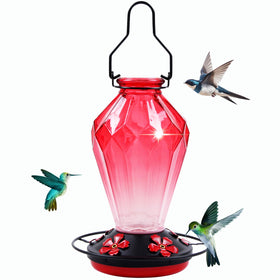 MCHBF diamond red glass hummingbird feeder hanging outdoors attracts hummingbirds with shimmering light