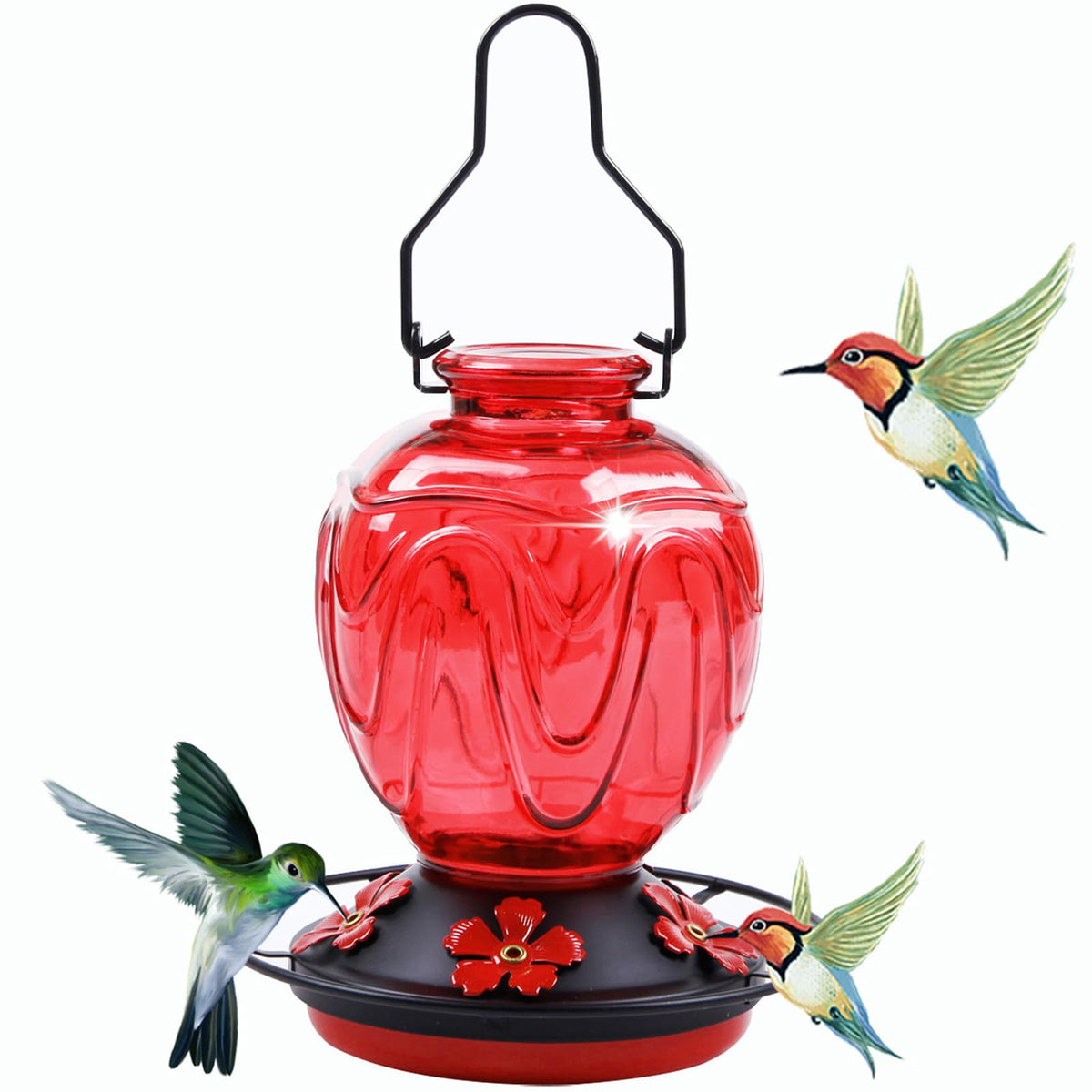 MCHBF Glass Hummingbird Feeder with red jar attracts hummingbirds to your garden