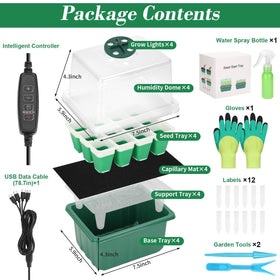 Heightened grow-light setup on seed trays supporting seedlings