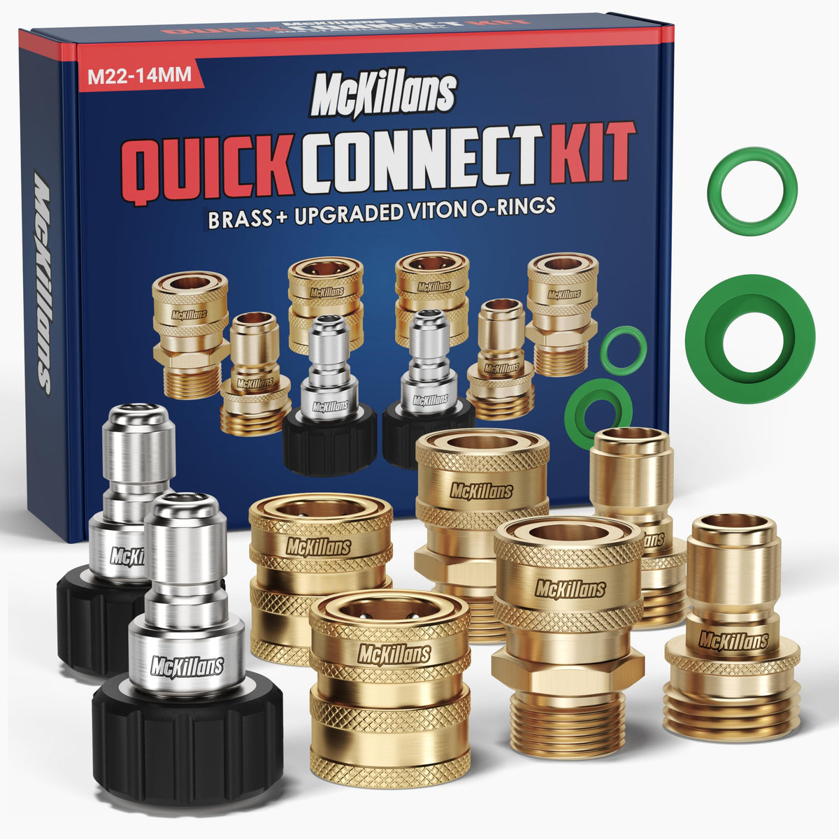 McKillans brass quick-connect kit shows M22-14mm assembly for fast, secure hose changes