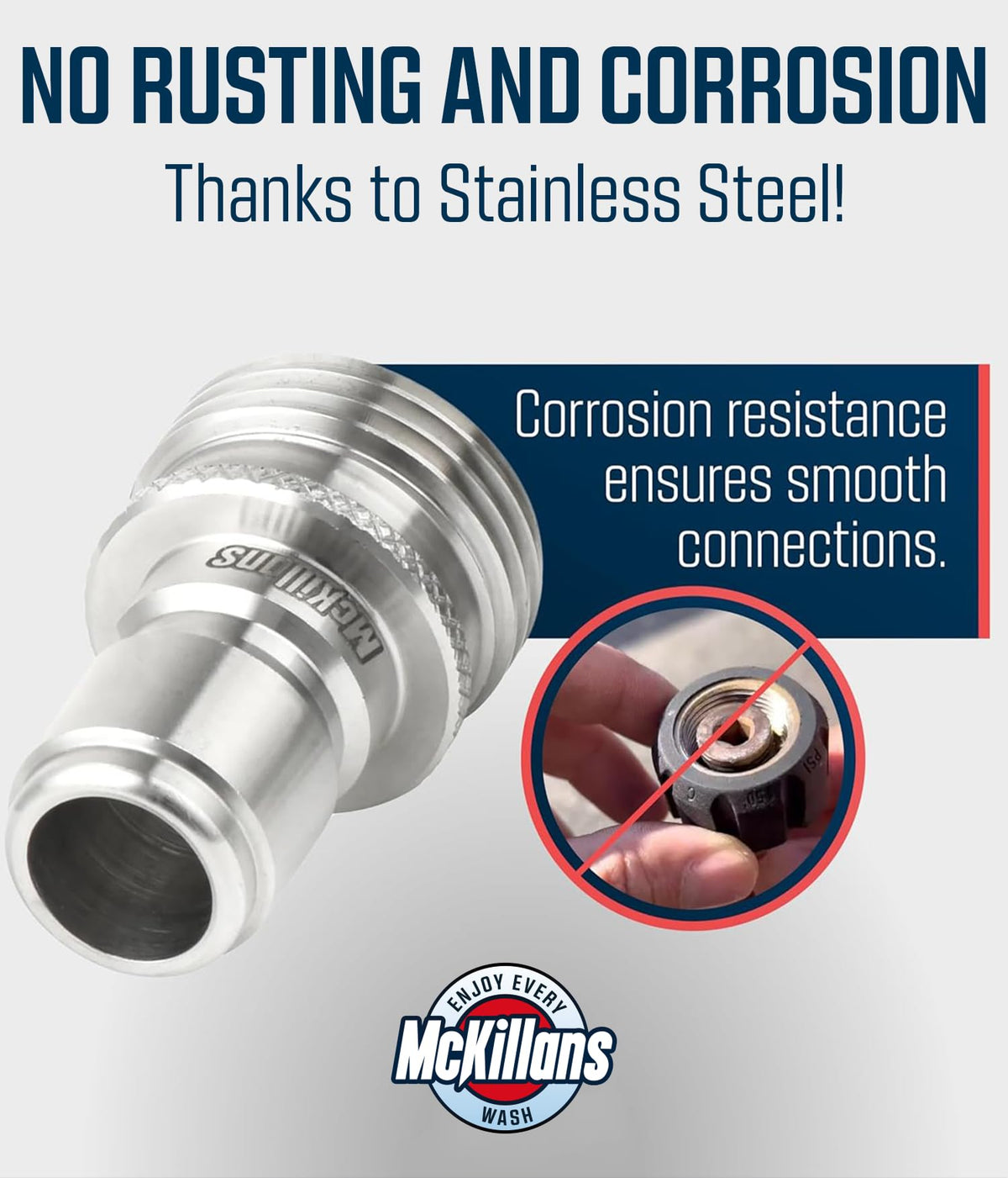 McKillans stainless plug resists corrosion, ideal for long-lasting outdoor use.