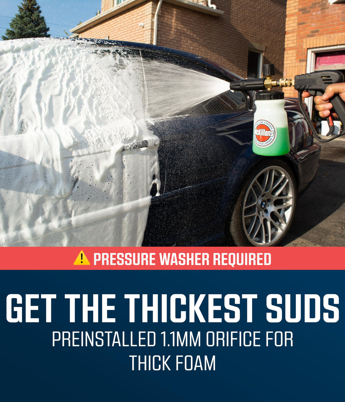 McKillans foam cannon brass-connectors withstand high pressure for durable performance.