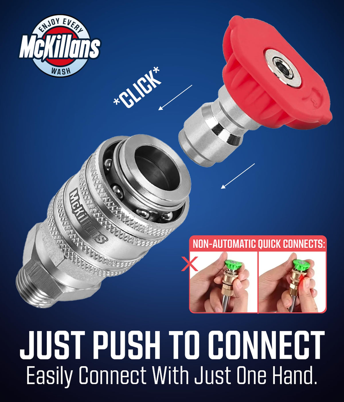 McKillans push-to-connect action demonstrated on a pressure washer gun for quick attachment.