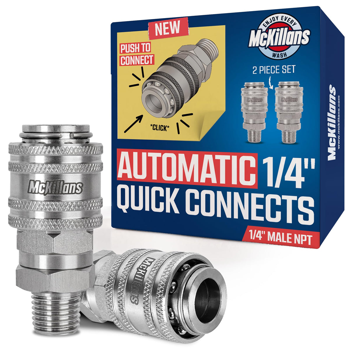 McKillans quarter-inch automatic quick-connect coupler in stainless steel shows fast push-to-connect.