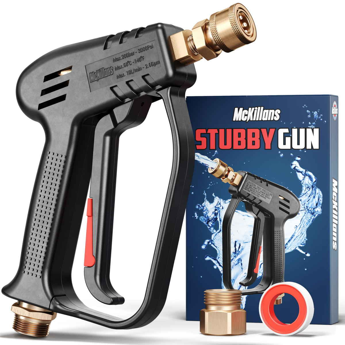 McKillans short pressure washer gun showcases compact design for one-handed use with a foam cannon.