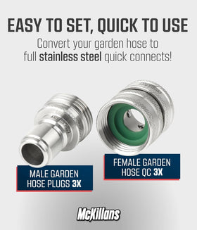 McKillans Water Hose Quick Connect stainless connector demonstrates corrosion-resistant performance for garden hoses.