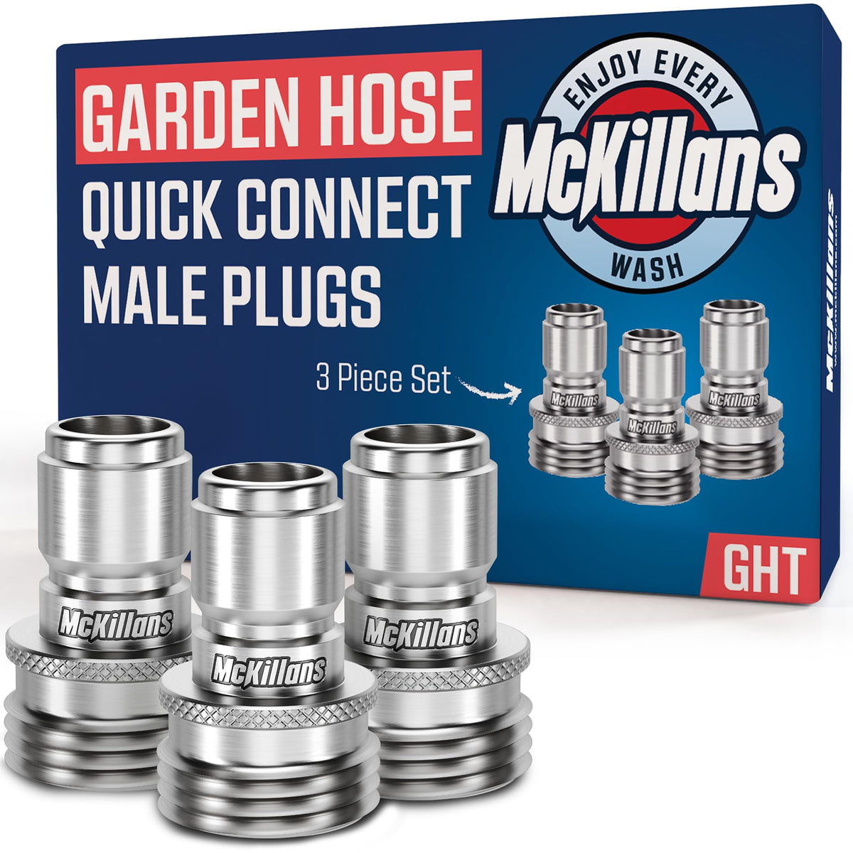 McKillans water hose male plug 3-pack for quick, corrosion-resistant garden hose connections.