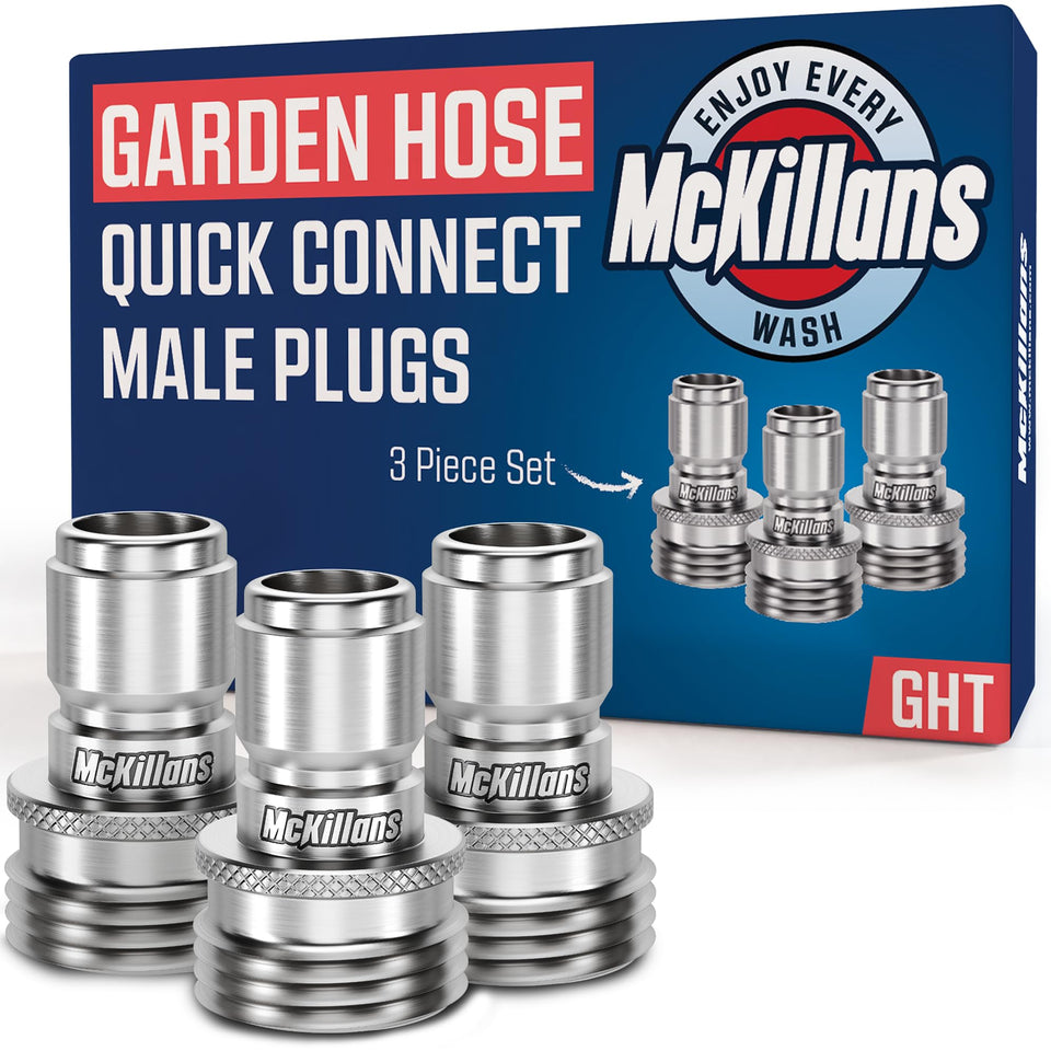 McKillans water hose male plug 3-pack for quick, corrosion-resistant garden hose connections.