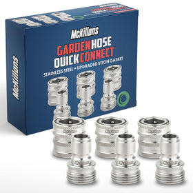 McKillans Water Hose Quick Connect universal-fit stainless fittings enable quick, tool-free hose connections.