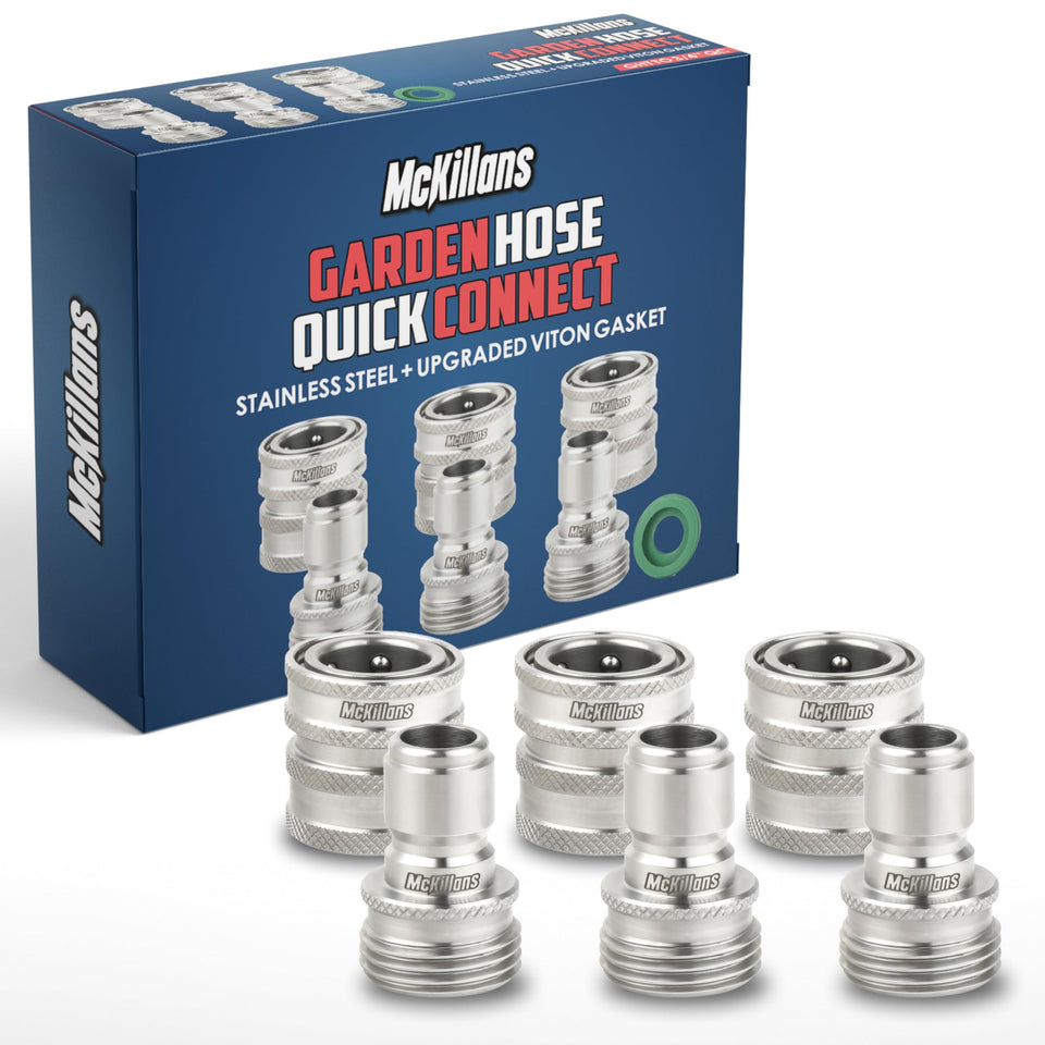 McKillans Water Hose Quick Connect universal-fit stainless fittings enable quick, tool-free hose connections.