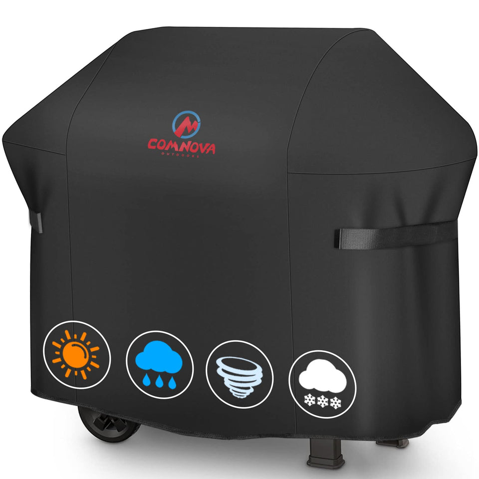 M COMNOVA OUTDOORS grill cover protects Weber Spirit II 200 Series from rain and wind.