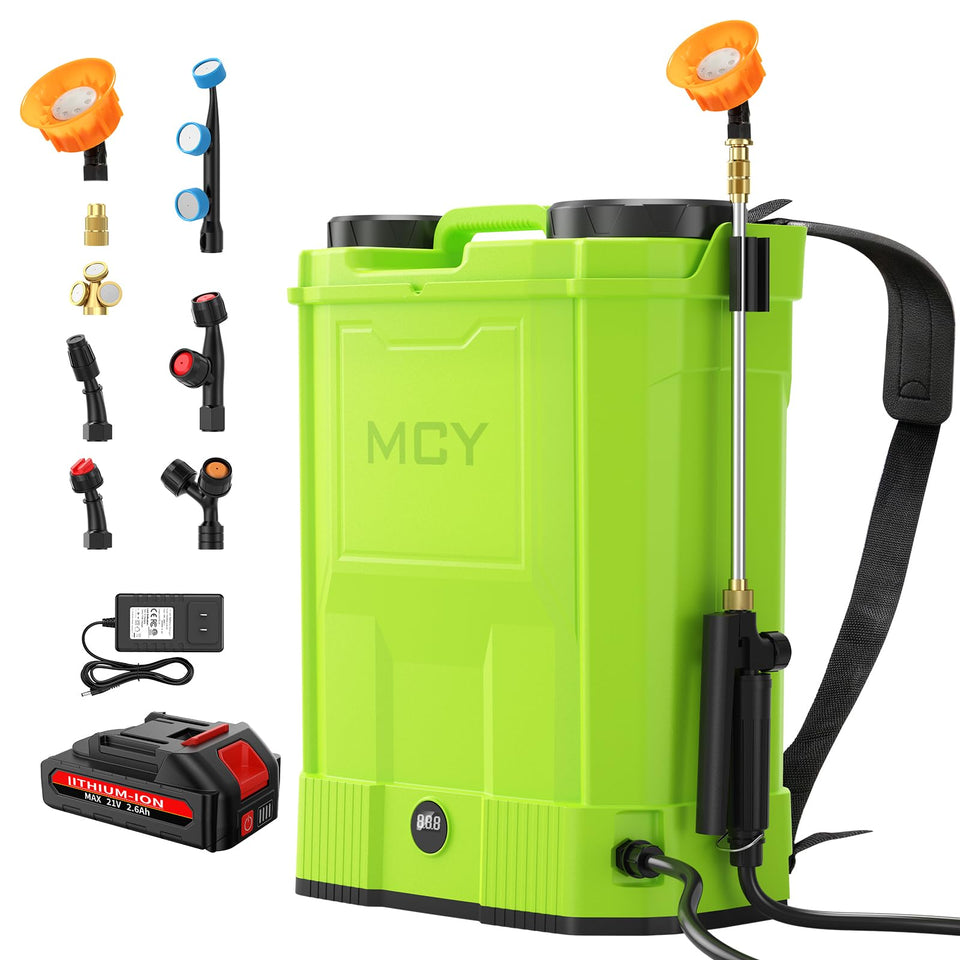 MCY backpack sprayer tank ready for large lawns with durable 20-liter capacity.