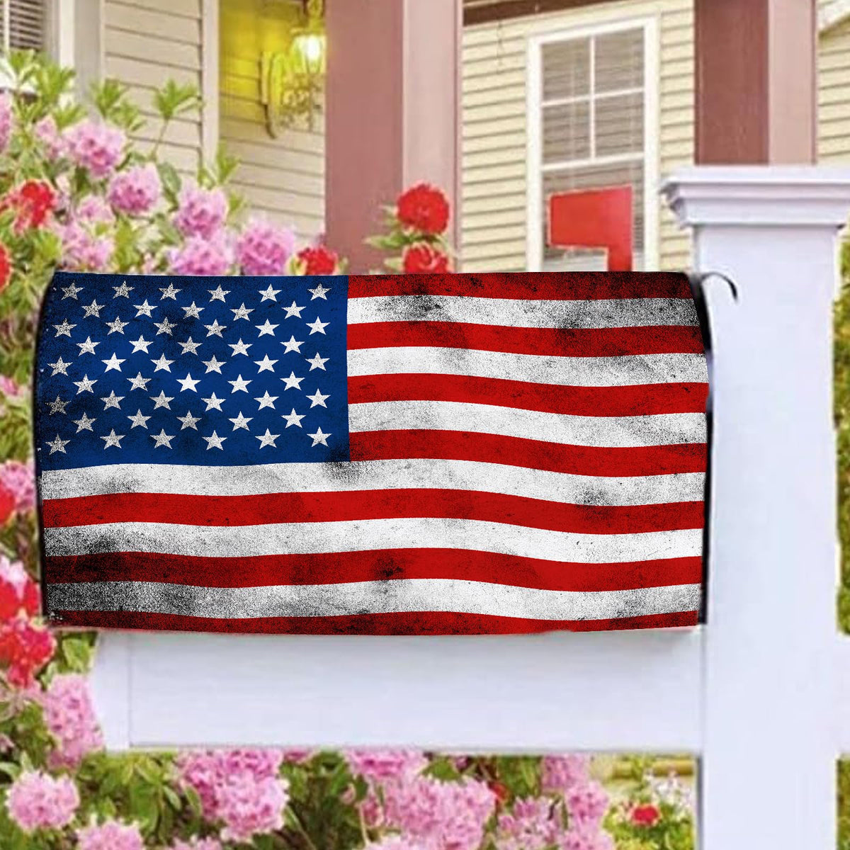 Mealah colorful flag detail highlights patriotic theme for seasonal exterior decoration.