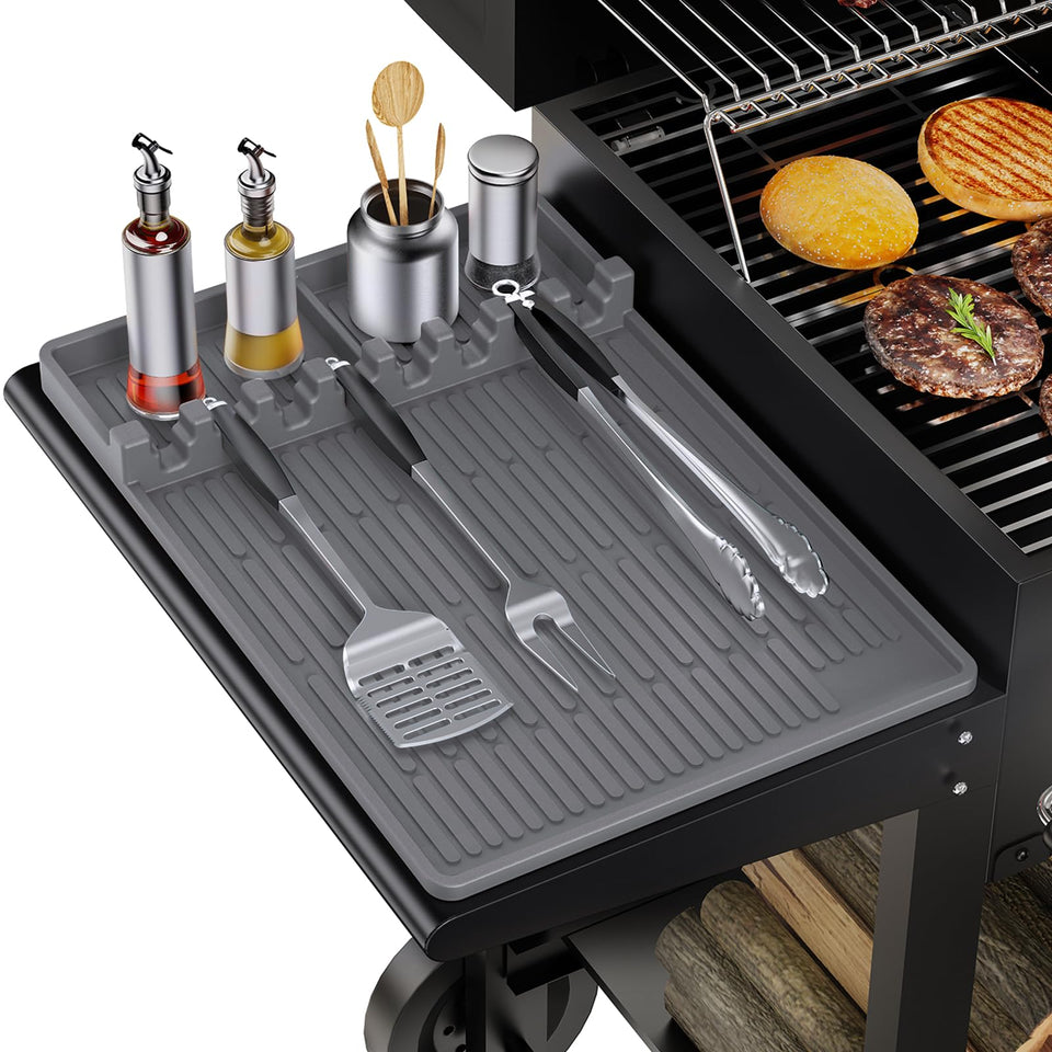 MealHelper silicone griddle tools mat on grill shelf keeps spices and utensils organized.