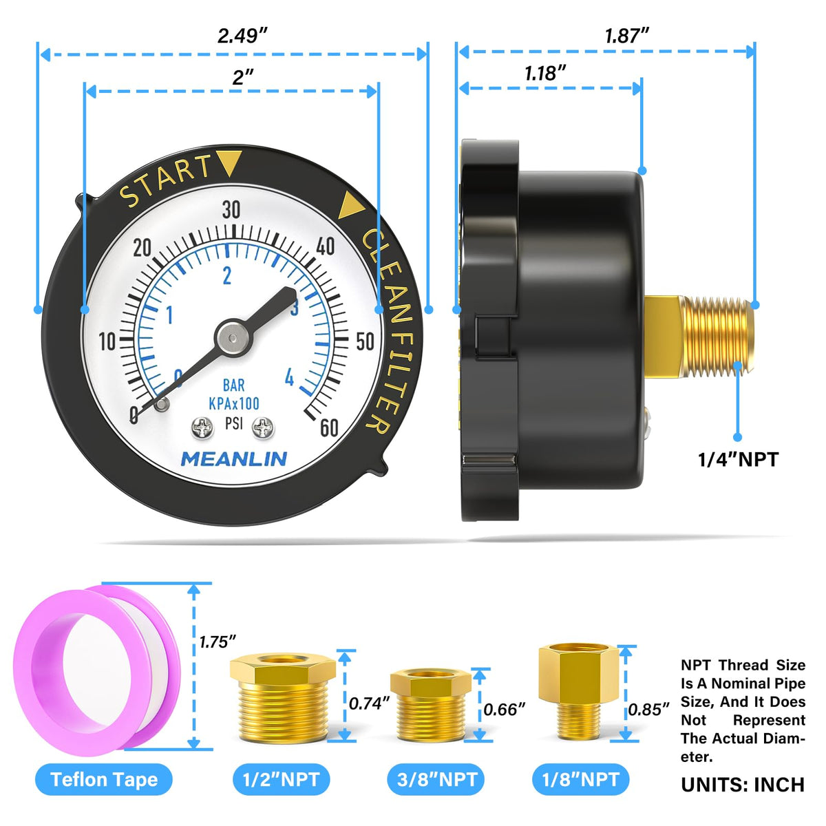 MEANLIN MEASURE 1/4in NPT thread closeup for precise installation compatibility.