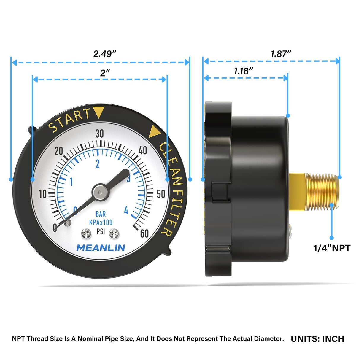 MEANLIN MEASURE pressure gauge with 2-inch dial for pool and spa monitoring