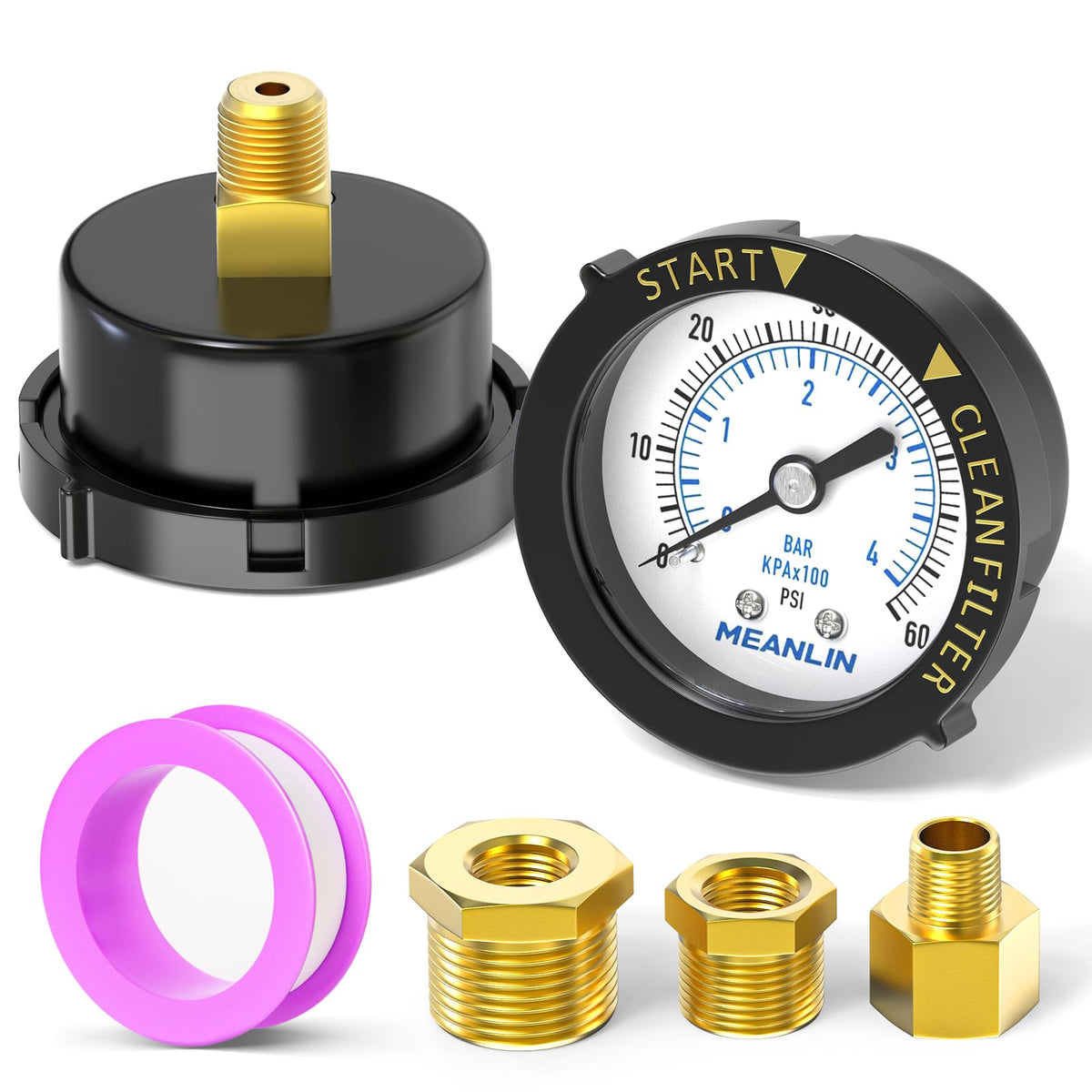 MEANLIN MEASURE gauge front dial shows readable 0-60 psi range for quick checks.
