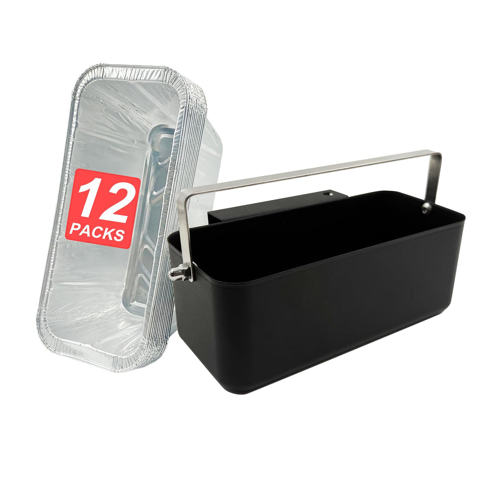 Meatender grease cup front view for Blackstone grills improves cleanup and spill control.
