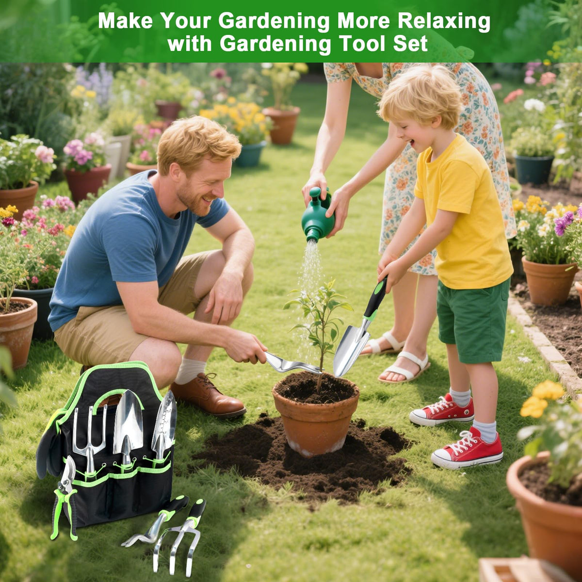 Mecheer all-in-one garden tools set covers digging, weeding, pruning