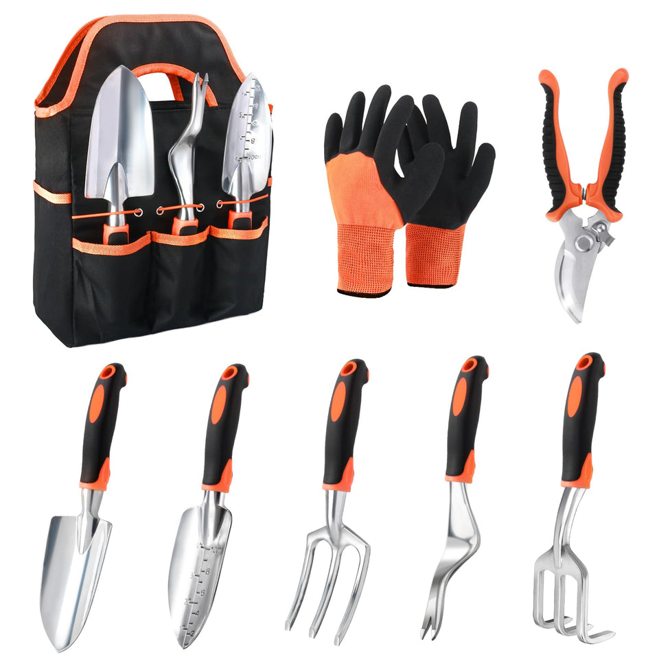 MECHEER orange garden tools set displayed in tote for versatile outdoor gardening