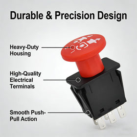 Meckparts PTO switch 430-433 compatibility close-up on a mower handle