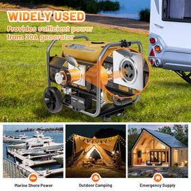 Connects 30A generators to 50A RV/marine inlets for versatility.