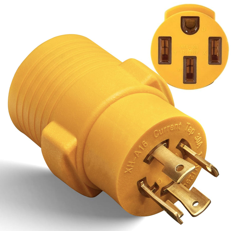 MECMO L14-30P to 14-50R adapter front view for RV and EV connections
